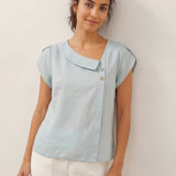 Top FARA de Linho 100% com Gola Crescente e Manga de Folho