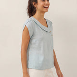 Top FARA de Linho 100% com Gola Crescente e Manga de Folho