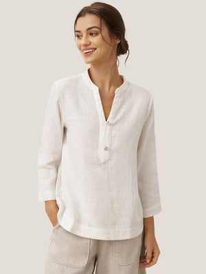 Pullover JOLYNE em Linho com Decote em V Profundo e Detalhe de Botões