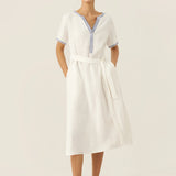 Vestido Midi em Linho 100% com Decote em V Bordado e Cinto FELLIS