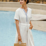 Vestido Midi em Linho 100% com Decote em V Bordado e Cinto FELLIS