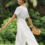 Vestido Midi em Linho 100% com Decote em V Bordado e Cinto FELLIS