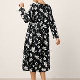 Vestido comprido drapeado com estampado floral 100% linho ELODIE