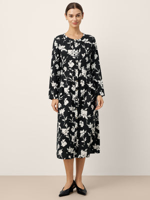 Vestido comprido drapeado com estampado floral 100% linho ELODIE