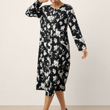 Vestido comprido drapeado com estampado floral 100% linho ELODIE