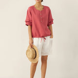 100% Linen Flutter Sleeve Drawstring Top ZOEY