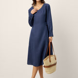 Vestido Midi DIANA de Linho com Pormenor de Aba na Cintura Franzida