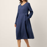 Vestido Midi DIANA de Linho com Pormenor de Aba na Cintura Franzida