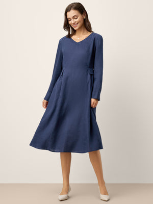Vestido Midi DIANA de Linho com Pormenor de Aba na Cintura Franzida