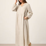 Vestido Maxi Caftan LINETTE com Capuz Esculpido em 100% Linho