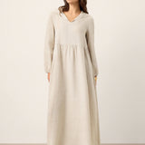 Vestido Maxi Caftan LINETTE com Capuz Esculpido em 100% Linho