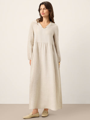 Vestido Maxi Caftan LINETTE com Capuz Esculpido em 100% Linho