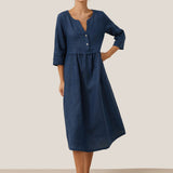 Vestido Maxi LUNA 100% Linho com Cintura Franzida e Botões de Ajuste