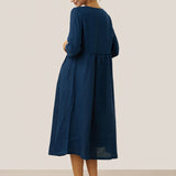 Vestido Maxi LUNA 100% Linho com Cintura Franzida e Botões de Ajuste
