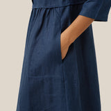 Vestido Maxi LUNA 100% Linho com Cintura Franzida e Botões de Ajuste