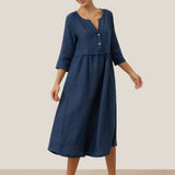 Vestido Maxi LUNA 100% Linho com Cintura Franzida e Botões de Ajuste