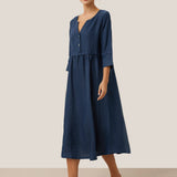 Vestido Maxi LUNA 100% Linho com Cintura Franzida e Botões de Ajuste