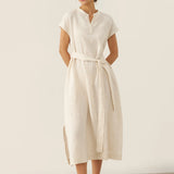 Vestido comprido 100% linho com gola mandarim e cinto removível MARGARET