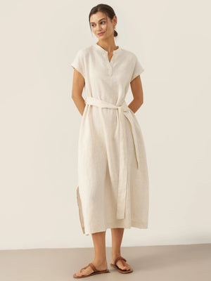 Vestido comprido 100% linho com gola mandarim e cinto removível MARGARET