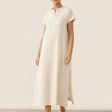 Vestido comprido 100% linho com gola mandarim e cinto removível MARGARET