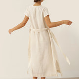 Vestido comprido 100% linho com gola mandarim e cinto removível MARGARET