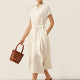 Vestido comprido 100% linho com gola mandarim e cinto removível MARGARET
