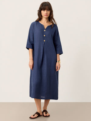 Vestido Maxi MATILDE em 100% Linho com Decote em V e Prega Invertida