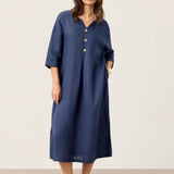 Vestido Maxi MATILDE em 100% Linho com Decote em V e Prega Invertida