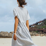 Vestido de Manga Curta em Linho 100% com Riscas Finas e Painéis MORGAN