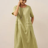 Vestido Midi de Linho 100% com Pregas e Decote Redondo MILA