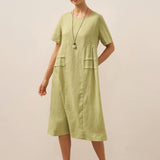 Vestido Midi de Linho 100% com Pregas e Decote Redondo MILA