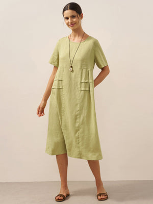 Vestido Midi de Linho 100% com Pregas e Decote Redondo MILA