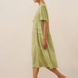 Vestido Midi de Linho 100% com Pregas e Decote Redondo MILA
