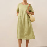 Vestido Midi de Linho 100% com Pregas e Decote Redondo MILA