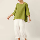 100% Linen Round Neck Asymmetrical Hem Top BRIANNA