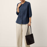 Camisa RANA de Linho 100% com Pregas Sanfonadas Esculpidas e Gola Redonda