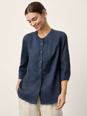 Camisa RANA de Linho 100% com Pregas Sanfonadas Esculpidas e Gola Redonda