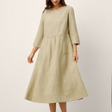 Vestido Comprido MARCELLA de Linho, Cintura Franzida e Bolsos de Aba