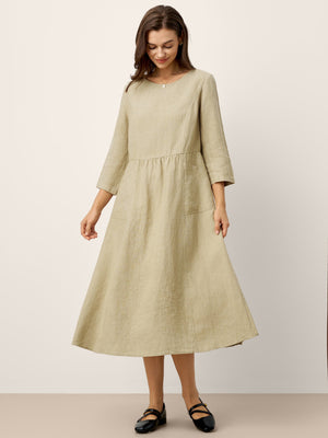 Vestido Comprido MARCELLA de Linho, Cintura Franzida e Bolsos de Aba