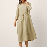 Vestido Comprido MARCELLA de Linho, Cintura Franzida e Bolsos de Aba