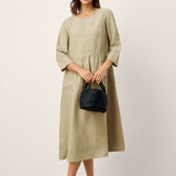 Vestido Comprido MARCELLA de Linho, Cintura Franzida e Bolsos de Aba