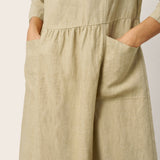 Vestido Comprido MARCELLA de Linho, Cintura Franzida e Bolsos de Aba