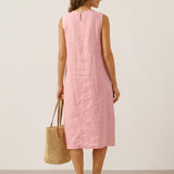 Vestido Midi TINA Sem Mangas em Linho 100% com Pregas Sanfonadas