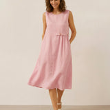 Vestido Midi TINA Sem Mangas em Linho 100% com Pregas Sanfonadas