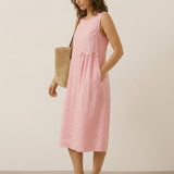 Vestido Midi TINA Sem Mangas em Linho 100% com Pregas Sanfonadas