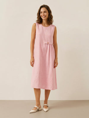 Vestido Midi TINA Sem Mangas em Linho 100% com Pregas Sanfonadas