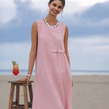 Vestido Midi TINA Sem Mangas em Linho 100% com Pregas Sanfonadas