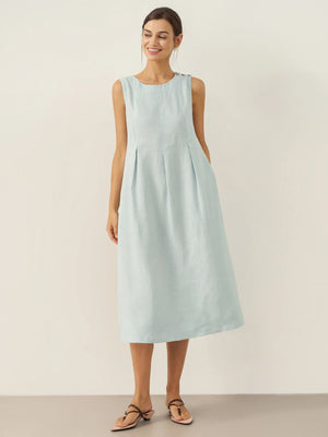 Vestido Midi Sem Mangas em Linho 100% com Botões no Ombro FREYA