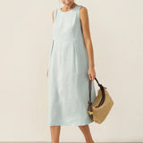 Vestido Midi Sem Mangas em Linho 100% com Botões no Ombro FREYA