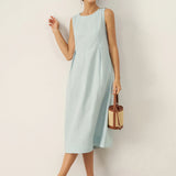 Vestido Midi Sem Mangas em Linho 100% com Botões no Ombro FREYA